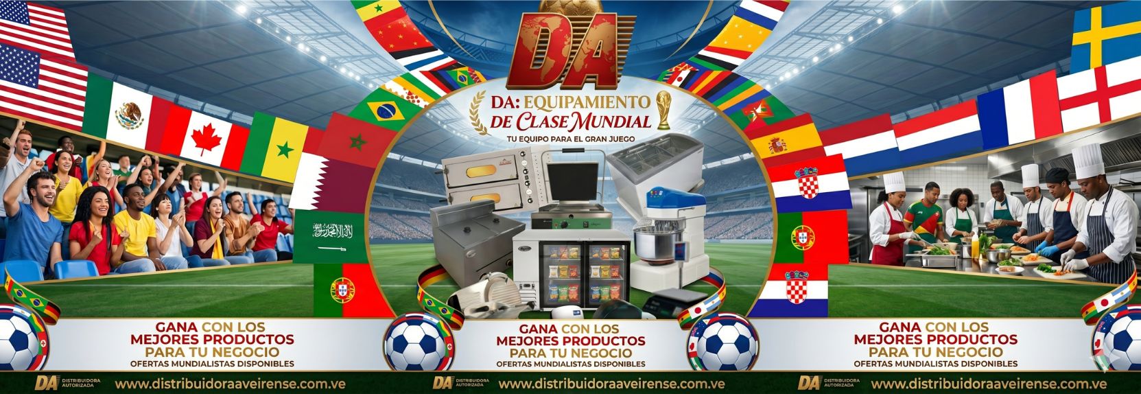 ¡La fiebre del Mundial 2026 ya está aquí y en Distribuidora Aveirense lo celebramos a lo grande!  Nos unimos a la pasión por el fútbol y a nuestro orgullo luso para acompañar a los negocios gastronómicos de toda Venezuela.